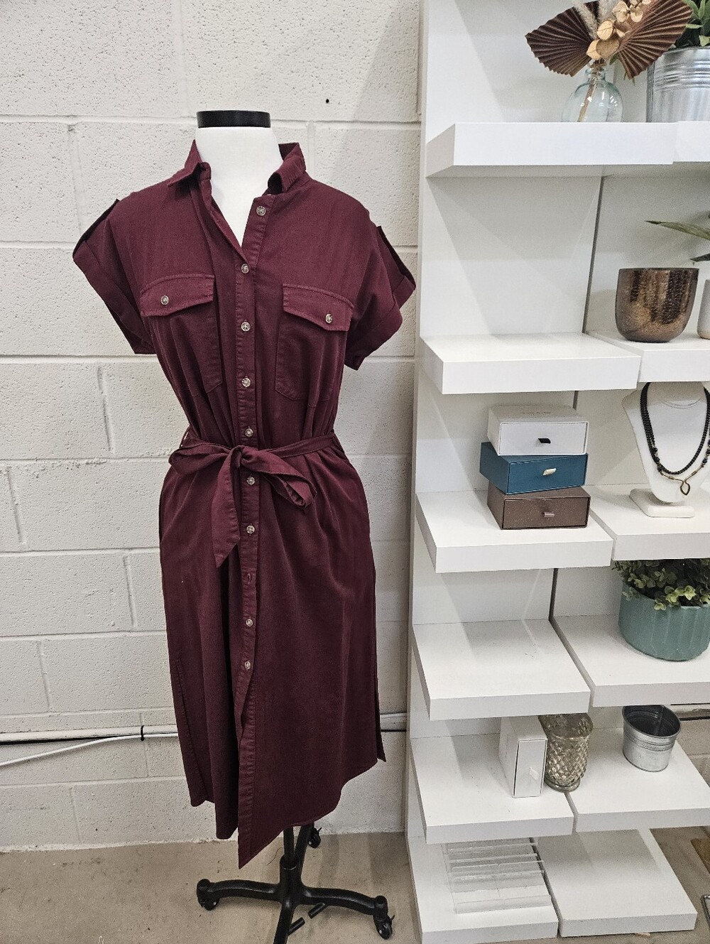 Burgundy Twill Shirtdress with Cap Sleeve